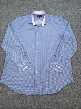 Report Collection Blue Micro-Check Dress Shirt Pink Contrast Collar & Cuff | XL